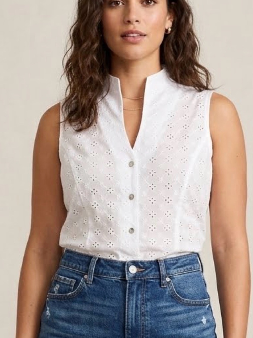 Foxcroft 100% Cotton Crisp White Eyelet Sleeveless Top in Women’s Size Large